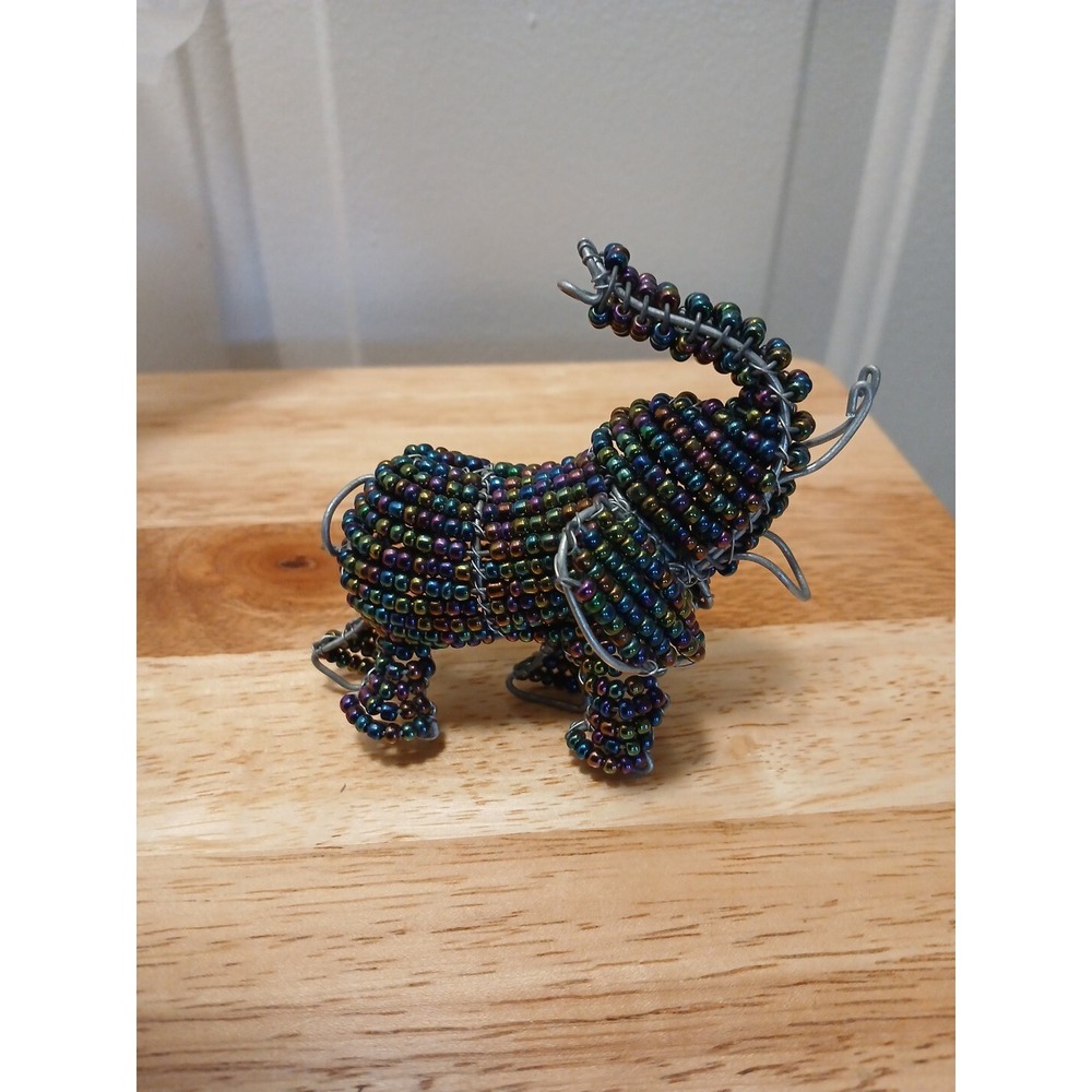 Elephant Wire and Seed Bead Art Handcrafted 3" x 3"